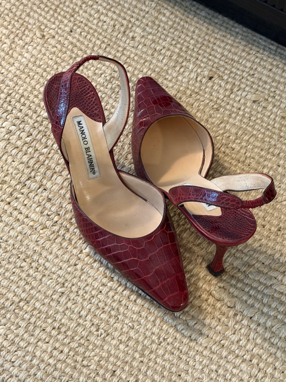 Manolo Blahnik Burgundy Croc-Embossed Pointed Slingback Pumps